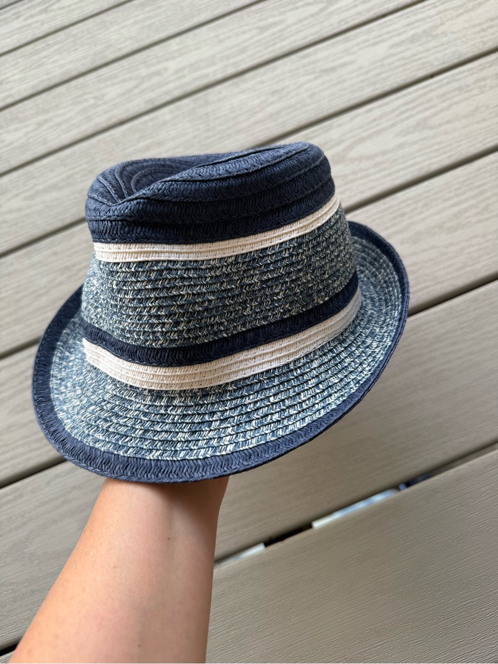 BCBGMAXAZRIA Straw Fedora Hat Blue White Striped Summer Hat
